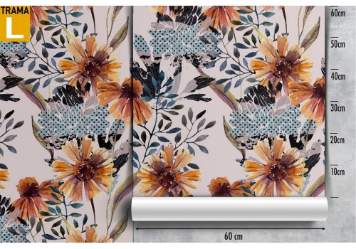 Orange and blue vintage floral wallpaper. 2