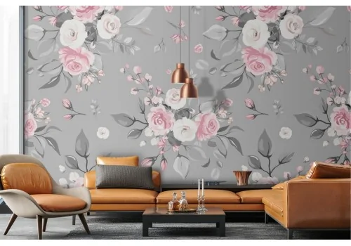 Pink and white flowers wallpaper, modern nature pattern.