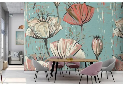 Vintage nature wallpaper with white and red flowers.