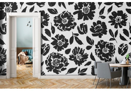 Carta da Parati fiori stilizzati moderni nero pattern.