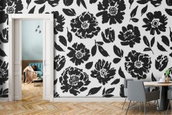 Carta da Parati fiori stilizzati moderni nero pattern.