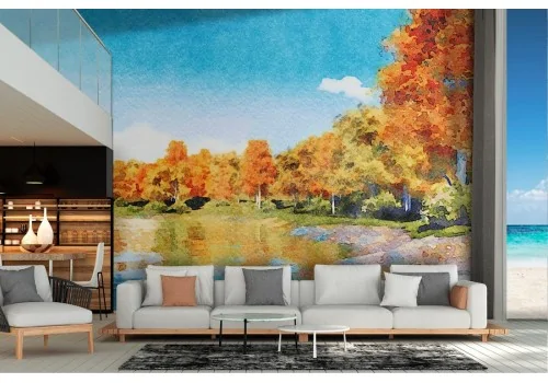 Carta da Parati paesaggio dipinto bosco con lago