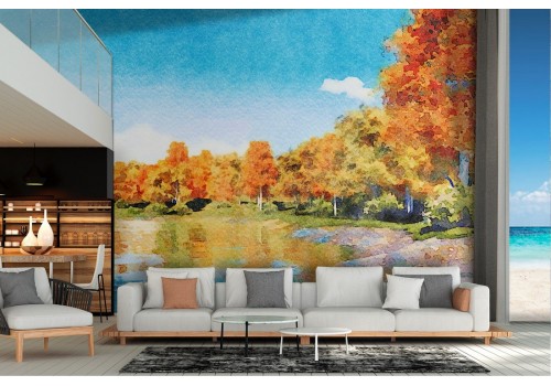 Wallpaper landscape painted forest with lake