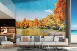 Carta da Parati paesaggio dipinto bosco con lago