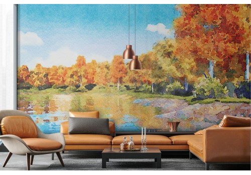 Wallpaper landscape painted forest with lake 2