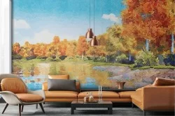 Carta da Parati paesaggio dipinto bosco con lago