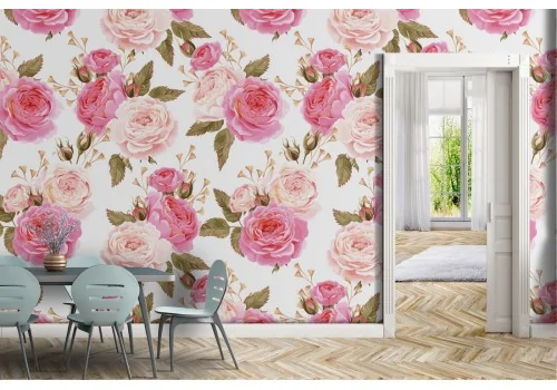 Modern nature wallpaper with pink roses flowers.