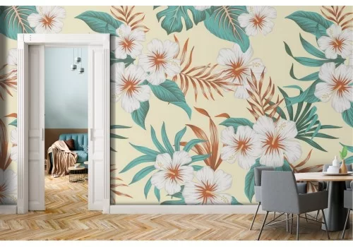 Carta da Parati fiori bianchi e foglie tropicali natura.