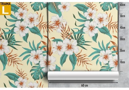 Wallpaper with white flowers and tropical nature leaves. 2