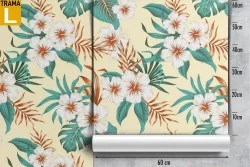 Carta da Parati fiori bianchi e foglie tropicali natura.