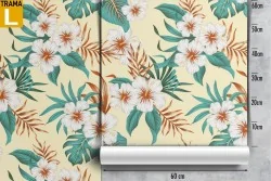 Wallpaper with white flowers and tropical nature leaves.