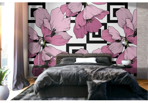 Carta da Parati fiori rosa e geometrie moderne.