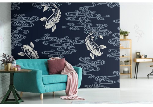 Wallpaper with carp and wave oriental pattern.