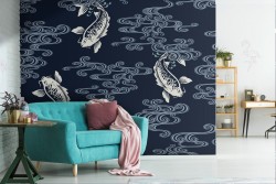 Wallpaper with carp and wave oriental pattern.