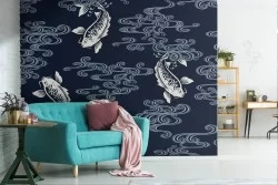 Wallpaper with carp and wave oriental pattern.