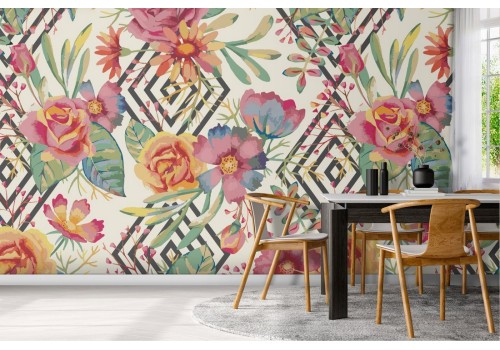 Modern nature wallpaper with flowers and geometrical patterns.