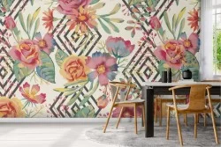 Modern nature wallpaper with flowers and geometrical patterns.
