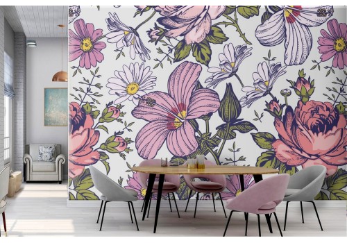 Vintage pink flowers wallpaper pattern nature.