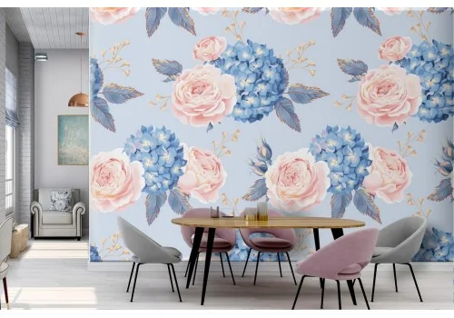 Vintage pink and blue floral wallpaper.