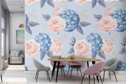 Carta da Parati fiori vintage rosa e azzurro.