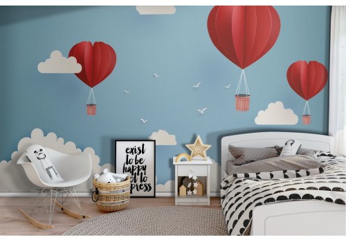 Wallpaper illustration hot air balloons heart clouds