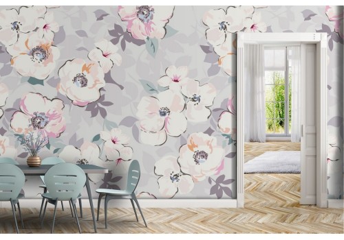 Carta da Parati fiori bianchi raffinati pattern natura.