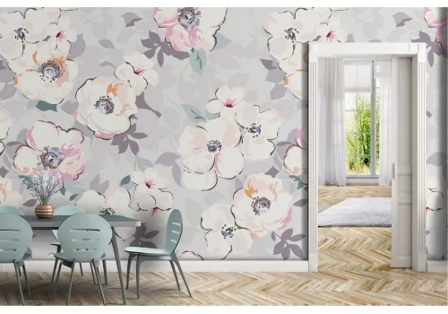 Carta da Parati fiori bianchi raffinati pattern natura.