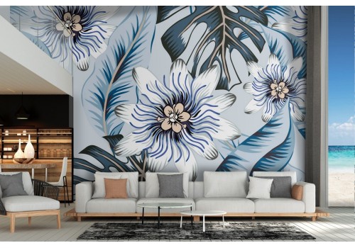 Wallpaper with modern blue tropical flowers and leaves design.