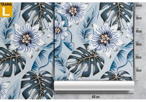 Wallpaper with modern blue tropical flowers and leaves design. 2