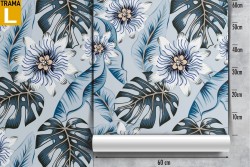 Wallpaper with modern blue tropical flowers and leaves design.