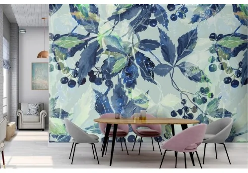 Carta da Parati foglie azzurro natura pattern.