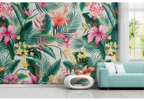 Pink flowers and tropical leaves wallpaper pattern.