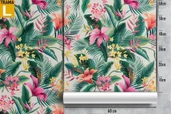 Pink flowers and tropical leaves wallpaper pattern.