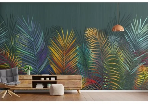 Wallpaper with concrete surface and abstract tropical plants