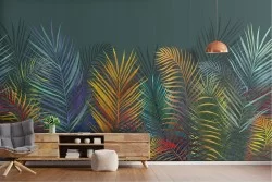 Wallpaper with concrete surface and abstract tropical plants