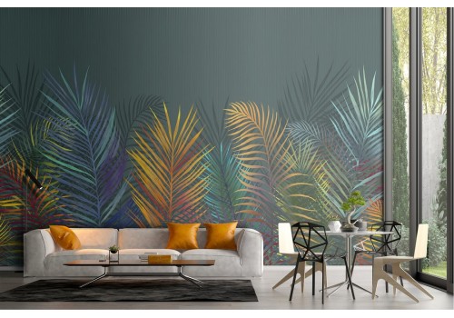 Wallpaper with concrete surface and abstract tropical plants 2
