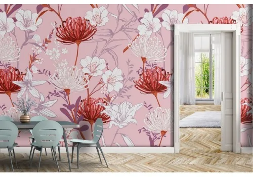 Modern nature wallpaper with white and red flowers.