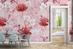 Modern nature wallpaper with white and red flowers.