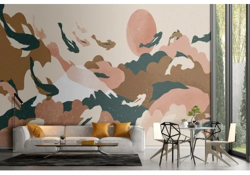 Wallpaper landscape mountains with koi carp fish