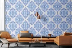 Blue damask wallpaper vintage pattern.