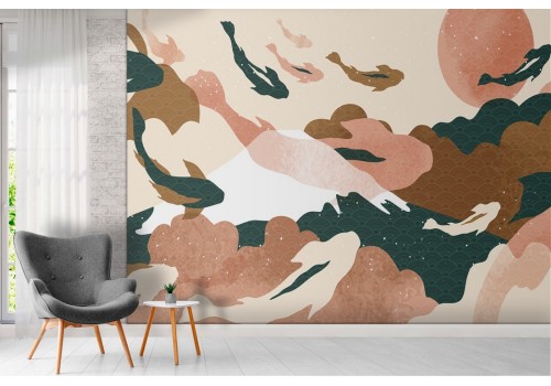 Wallpaper landscape mountains with koi carp 2