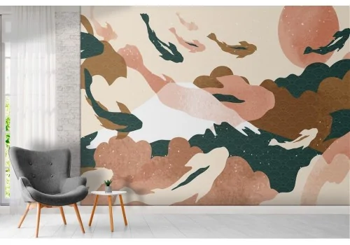 Wallpaper landscape mountains with koi carp 2