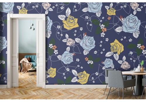 Blue and yellow flowers wallpaper modern abstract nature.