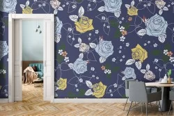 Blue and yellow flowers wallpaper modern abstract nature.