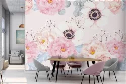Carta da Parati fiori rosa e bianchi composizione vintage.