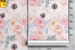 Carta da Parati fiori rosa e bianchi composizione vintage.