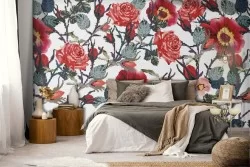 Carta da Parati fiori rossi vintage natura.