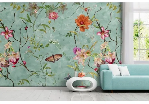 Vintage pattern wallpaper with flowers and butterflies nature.