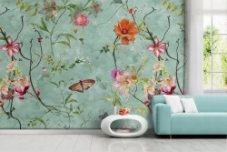 Wallpaper flowers and butterflies vintage nature pattern.
