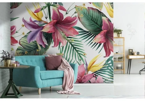 Pink flowers and tropical leaves nature wallpaper.